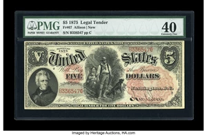 image for: Fr. 67 $5 1875 Legal Tender PMG Extremely Fine 40.