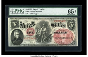 image for: Fr. 69 $5 1878 Legal Tender PMG Gem Uncirculated 65 EPQ.