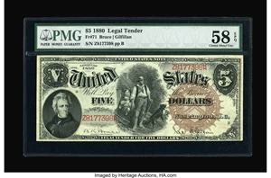 image for: Fr. 71 $5 1880 Legal Tender PMG Choice About Unc 58 EPQ.