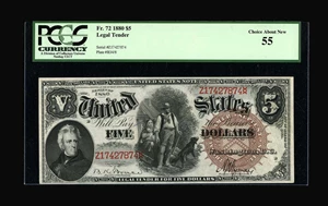 image for: Fr. 72 $5 1880 Legal Tender PCGS Choice About New 55....
