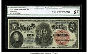 image for: Fr. 73 $5 1880 Legal Tender CGA Gem Uncirculated 67....