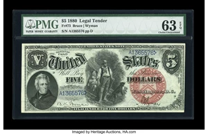 image for: Fr. 73 $5 1880 Legal Tender PMG Choice Uncirculated 63 EPQ.