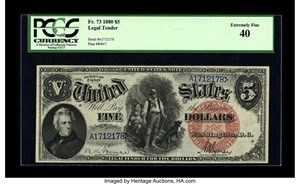 image for: Fr. 73 $5 1880 Legal Tender PCGS Extremely Fine 40....