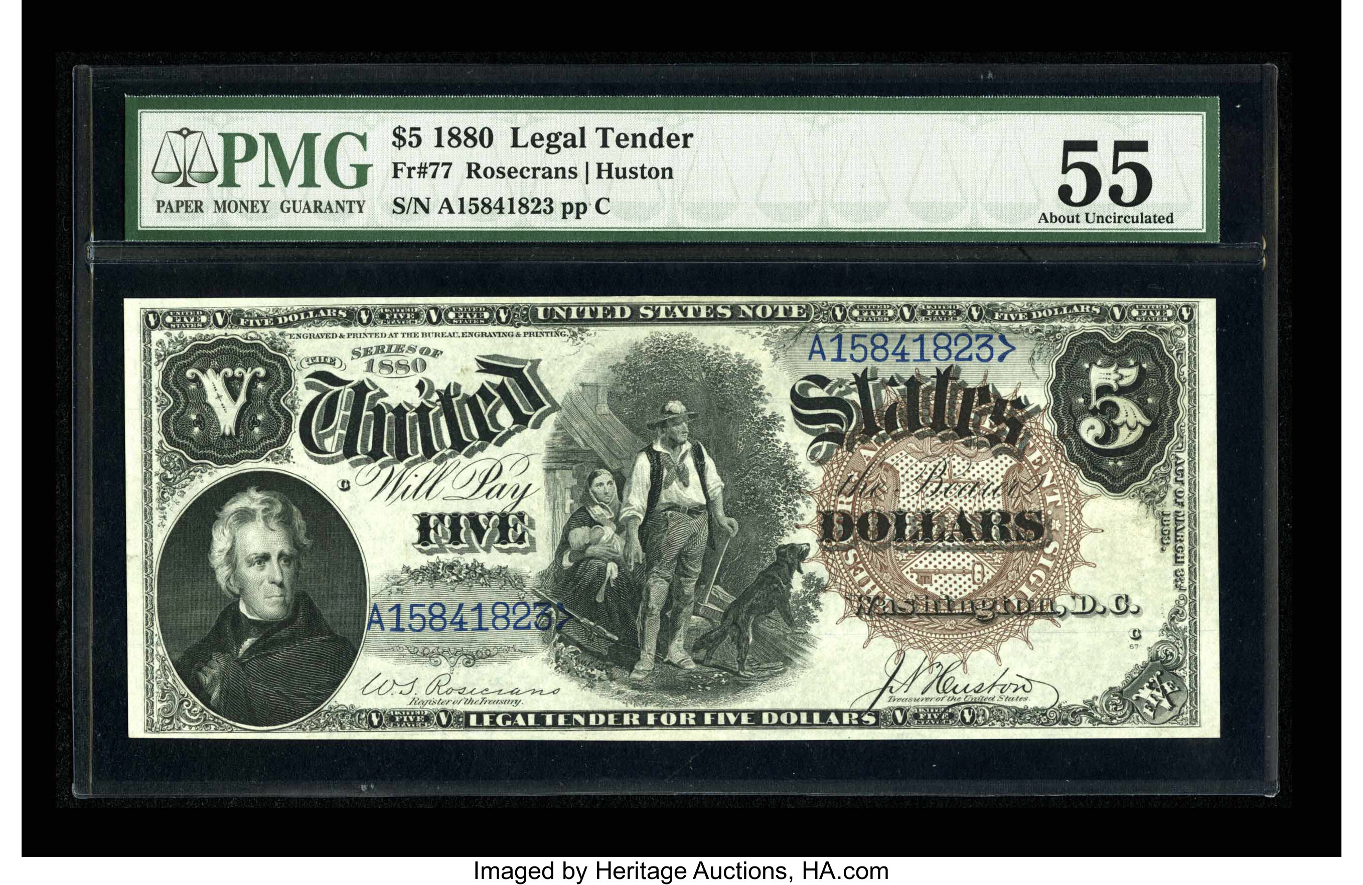 image for: Fr. 77 $5 1880 Legal Tender PMG About Uncirculated 55....