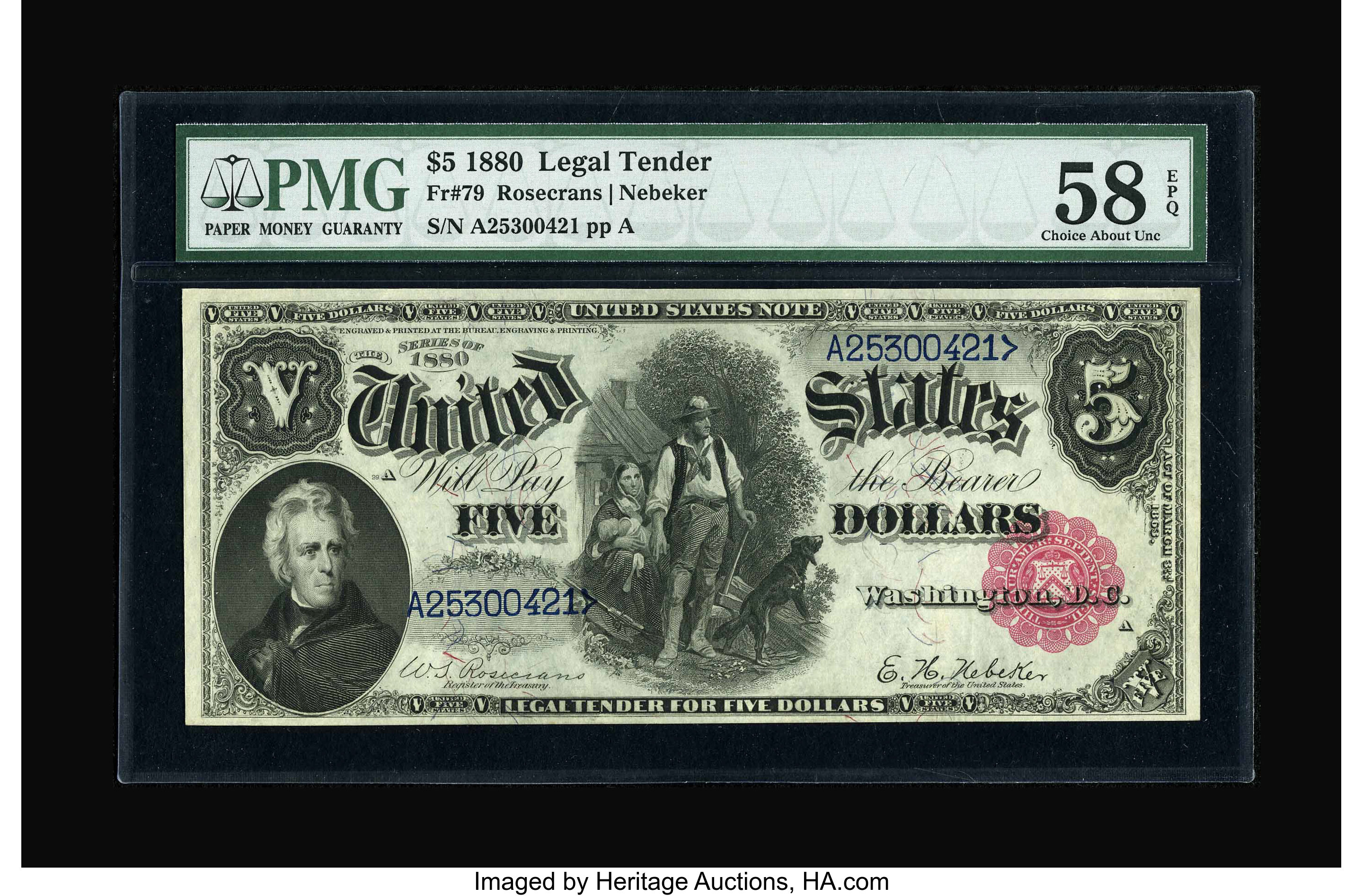 image for: Fr. 79 $5 1880 Legal Tender PMG Choice About Unc 58 EPQ.