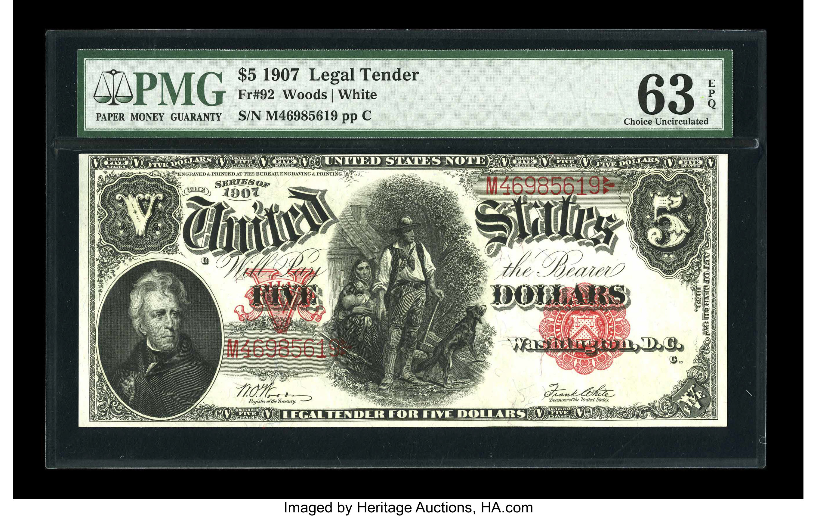 image for: Fr. 92 $5 1907 Legal Tender PMG Choice Uncirculated 63 EPQ.