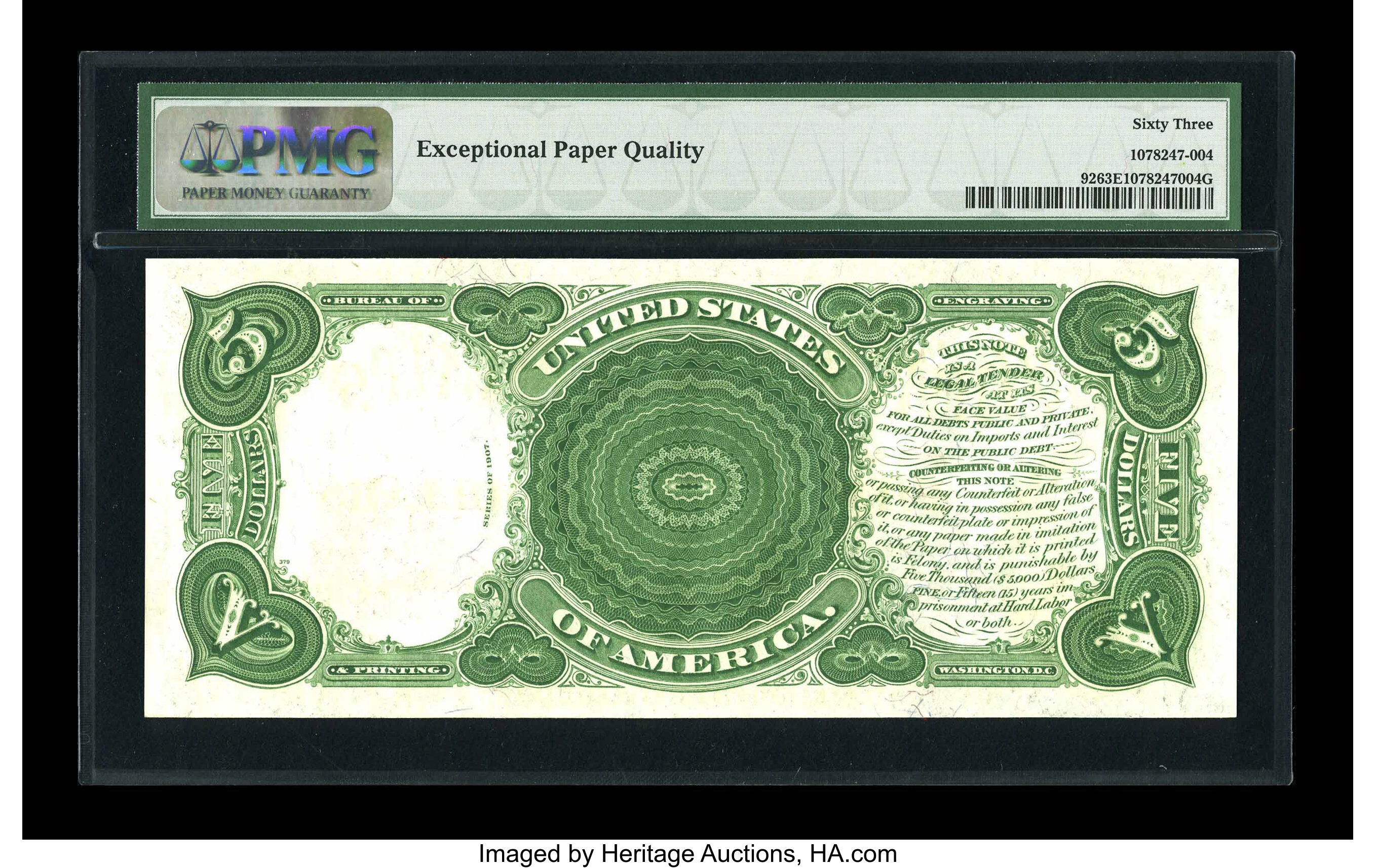 image for: Fr. 92 $5 1907 Legal Tender PMG Choice Uncirculated 63 EPQ.
