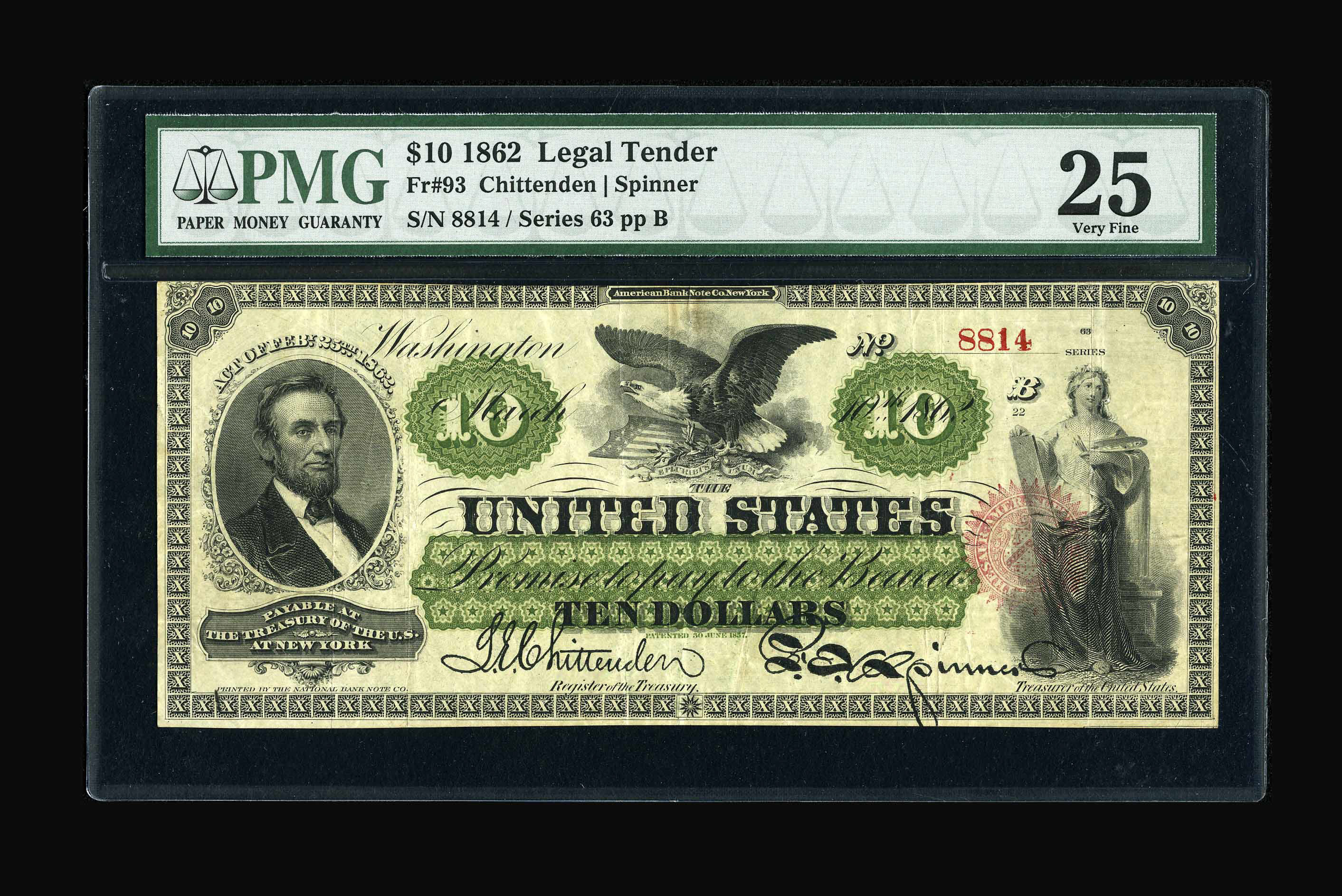 image for: Fr. 93 $10 1862 Legal Tender PMG Very Fine 25....
