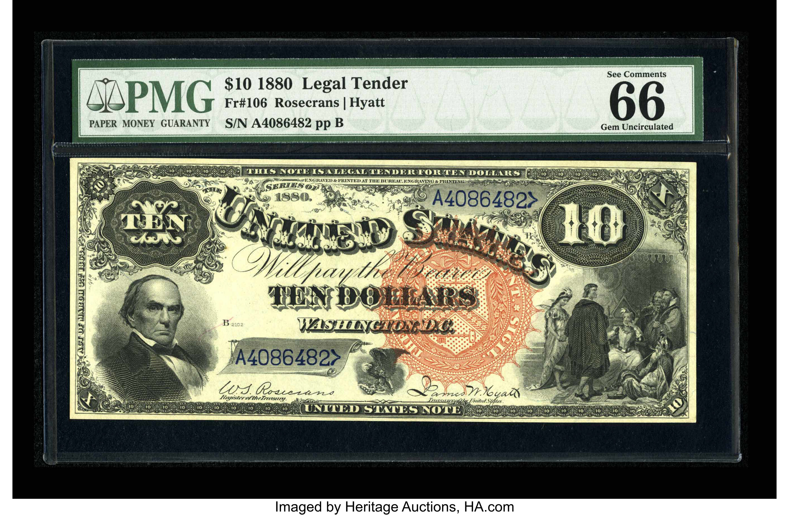 image for: Fr. 106 $10 1880 Legal Tender PMG Gem Uncirculated 66 EPQ....