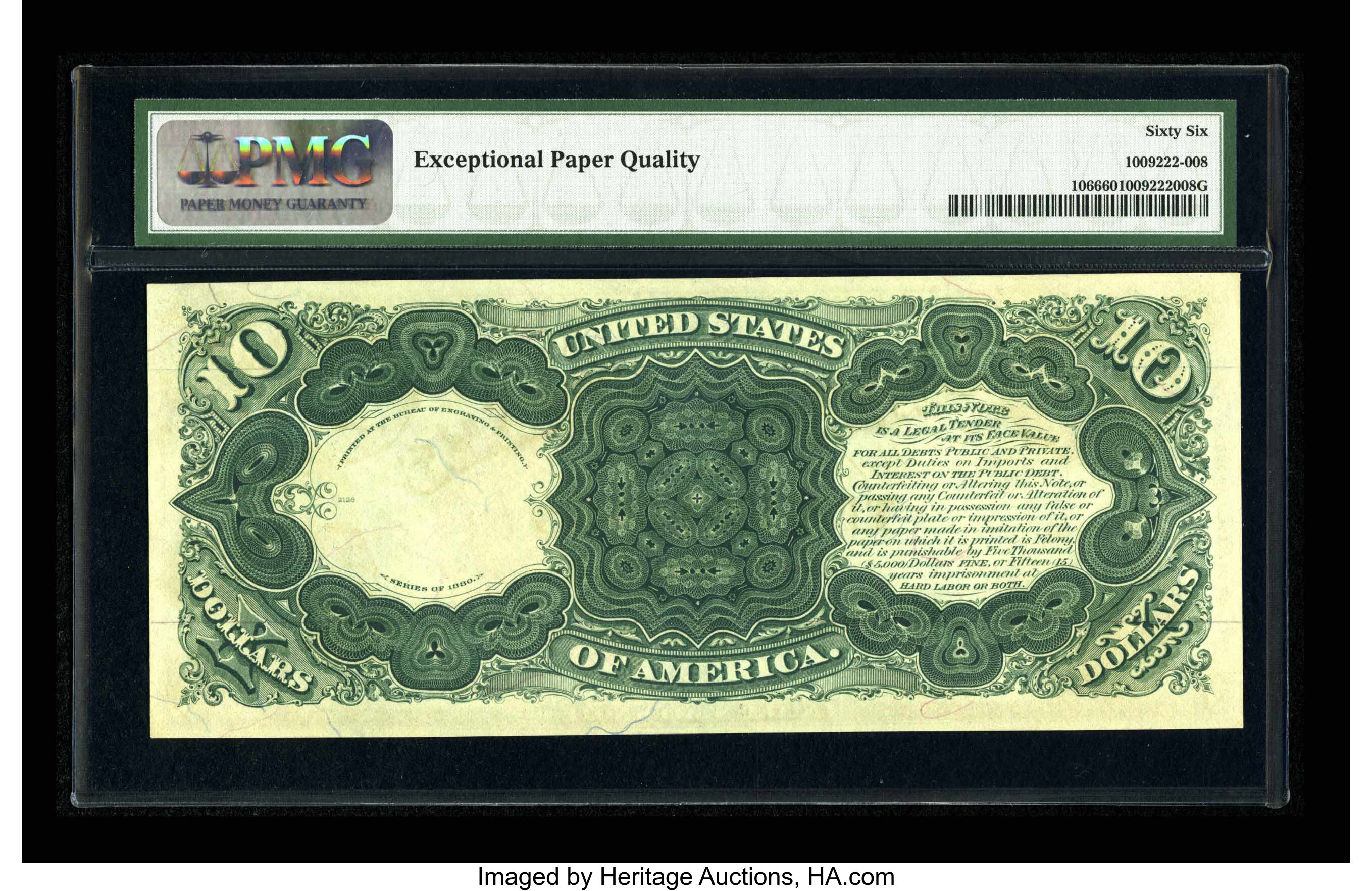 image for: Fr. 106 $10 1880 Legal Tender PMG Gem Uncirculated 66 EPQ....