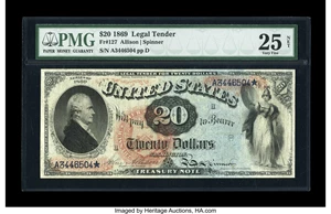 image for: Fr. 127 $20 1869 Legal Tender PMG Very Fine 25 Net.
