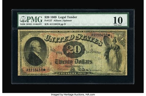 image for: Fr. 127 $20 1869 Legal Tender PMG Very Good 10.