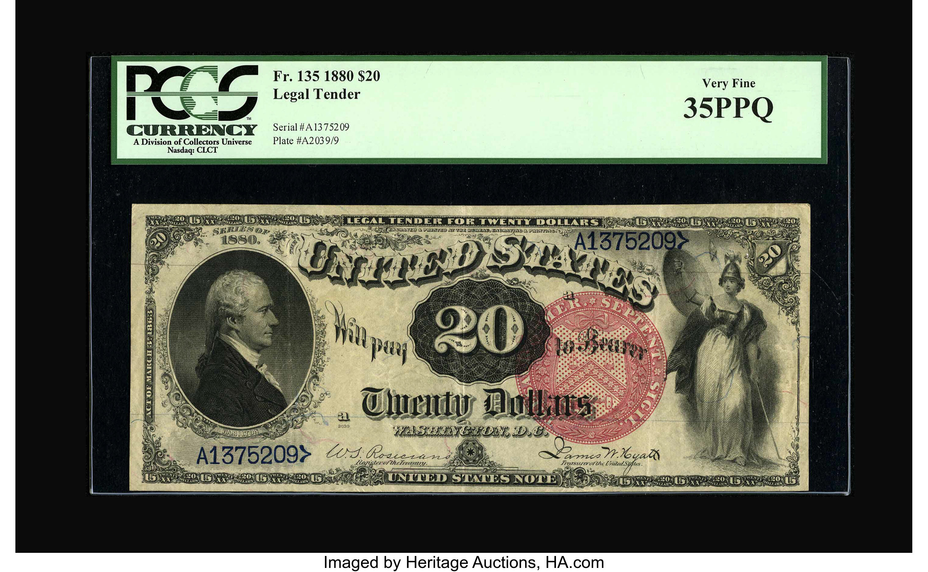 image for: Fr. 135 $20 1880 Legal Tender PCGS Very Fine 35PPQ....