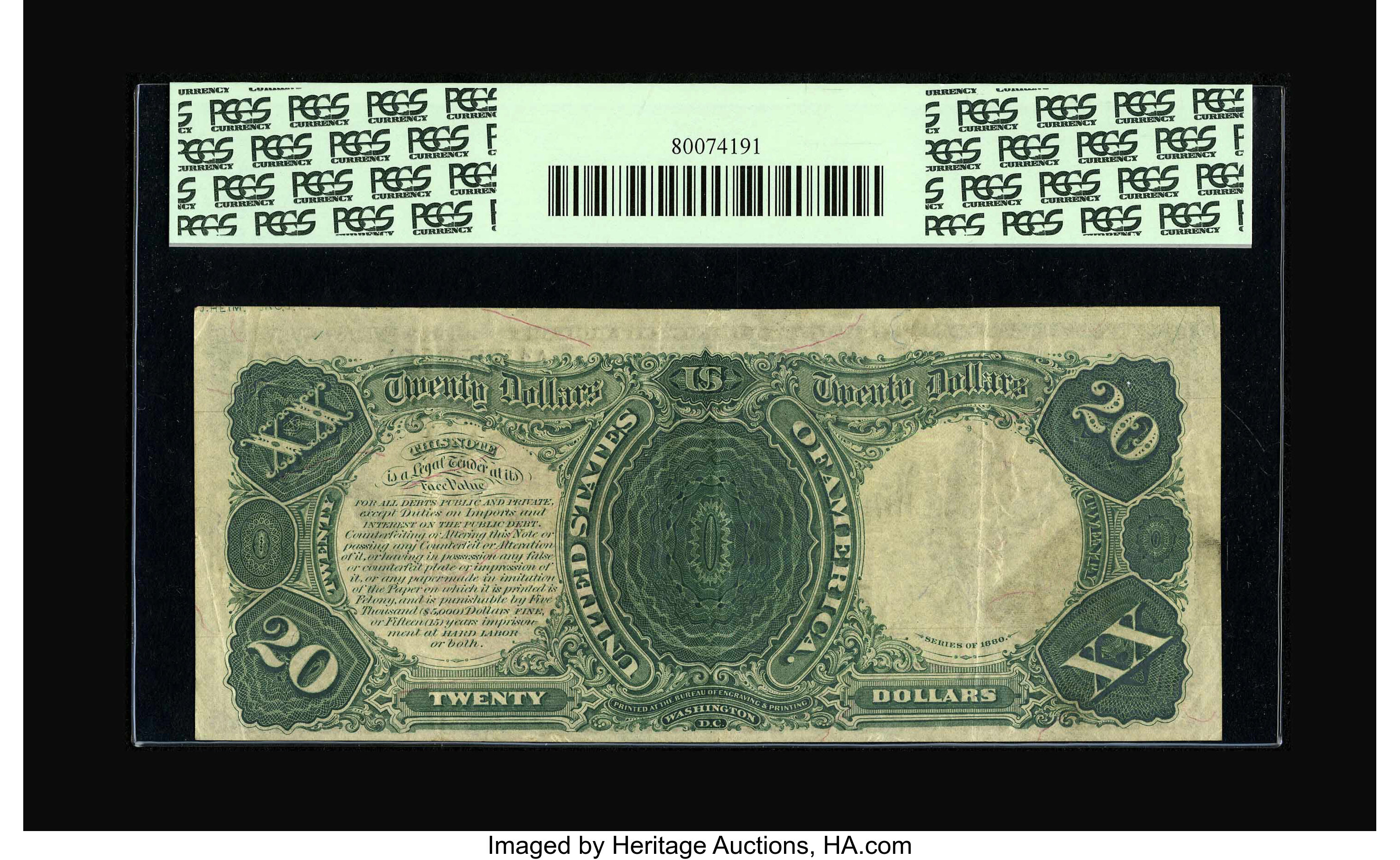 image for: Fr. 135 $20 1880 Legal Tender PCGS Very Fine 35PPQ....