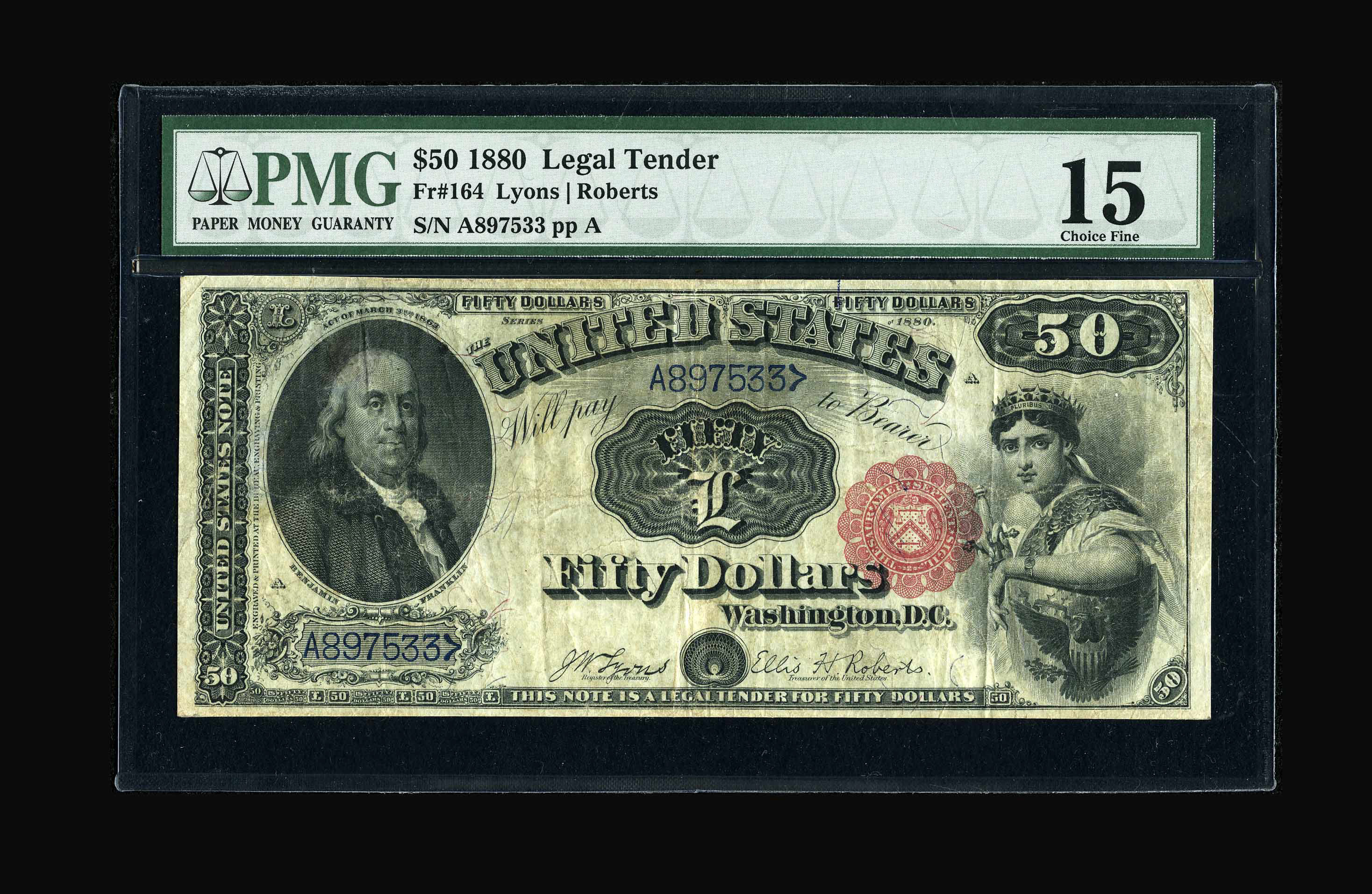 image for: Fr. 164 $50 1880 Legal Tender PMG Choice Fine 15.