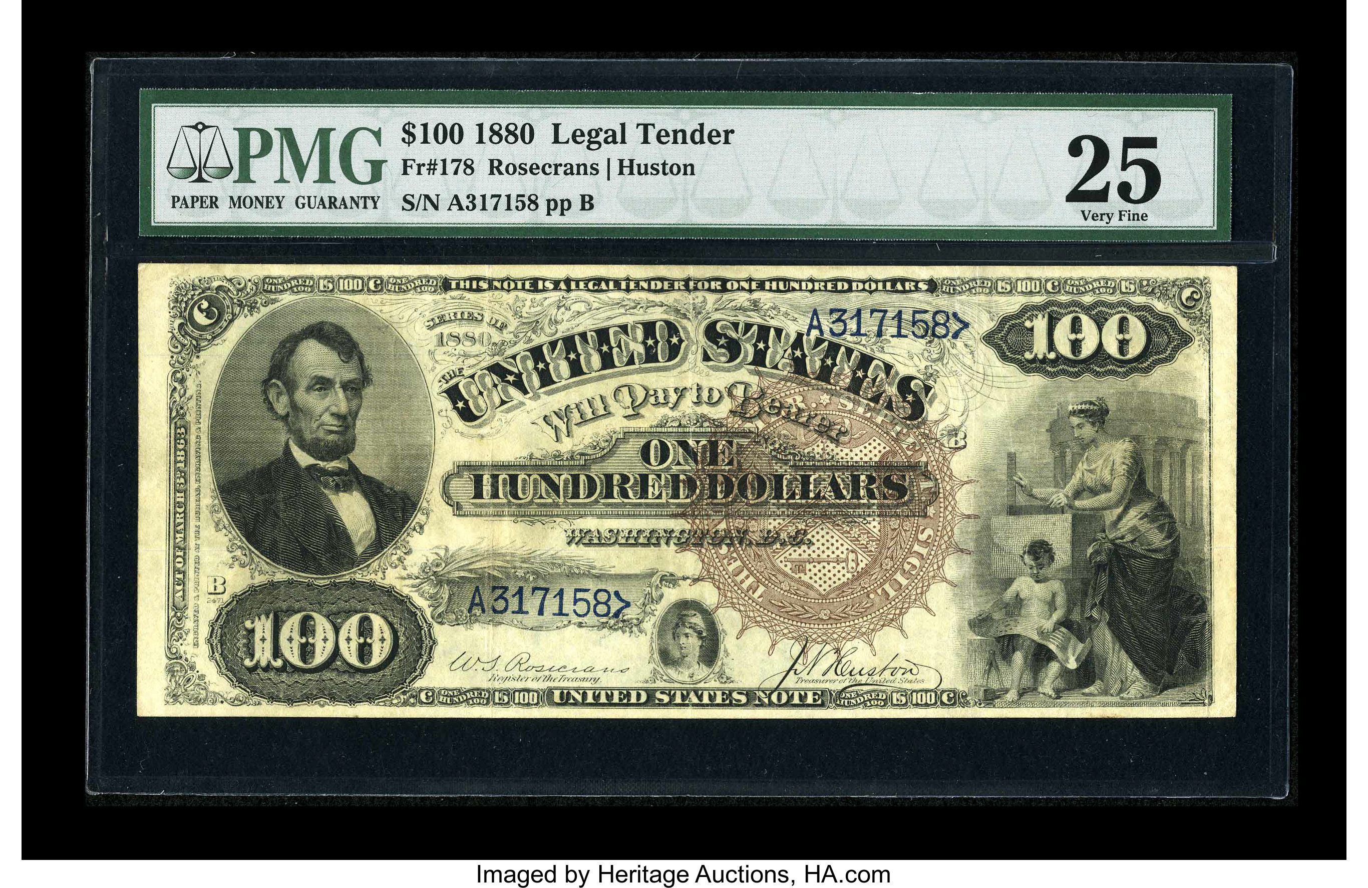 image for: Fr. 178 $100 1880 Legal Tender PMG Very Fine 25....