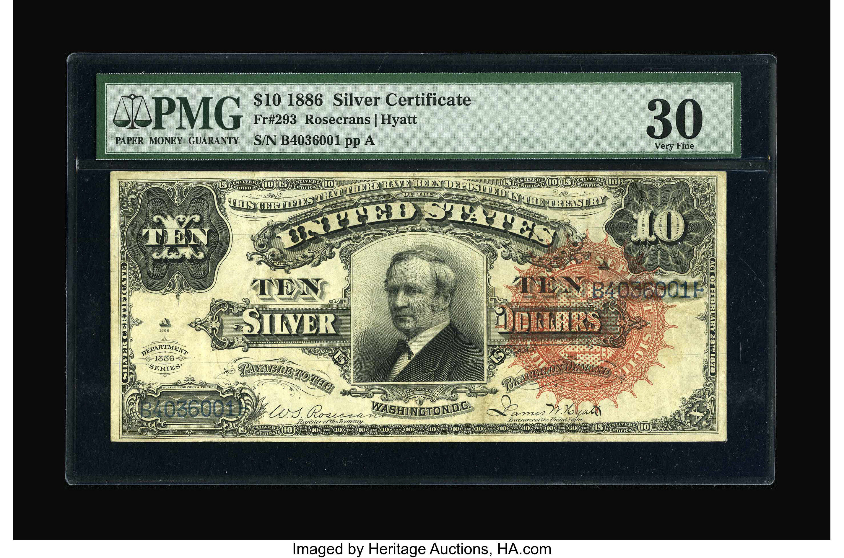 image for: Fr. 293 $10 1886 Silver Certificate PMG Very Fine 30....