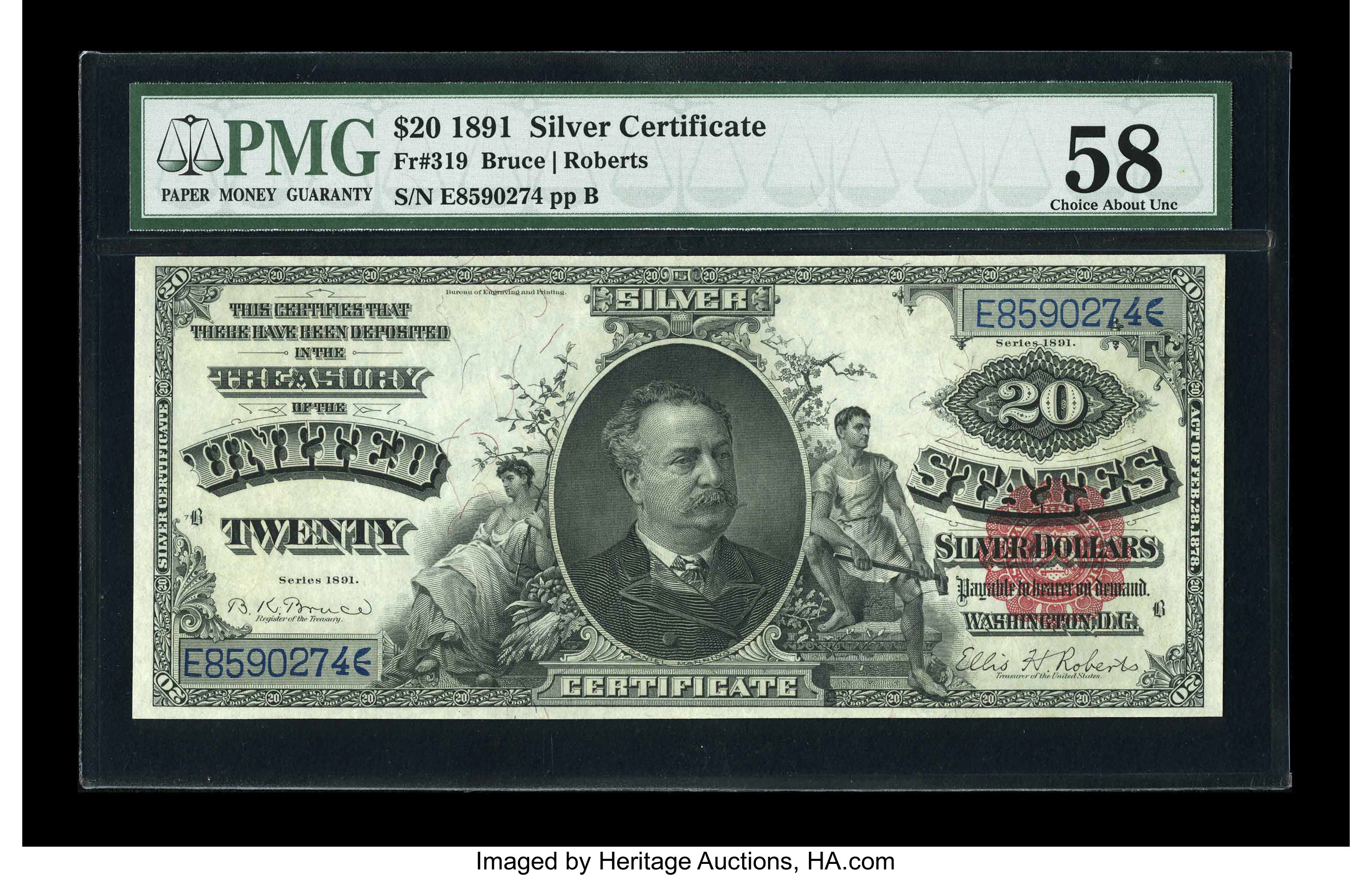image for: Fr. 319 $20 1891 Silver Certificate PMG Choice About Unc 58....