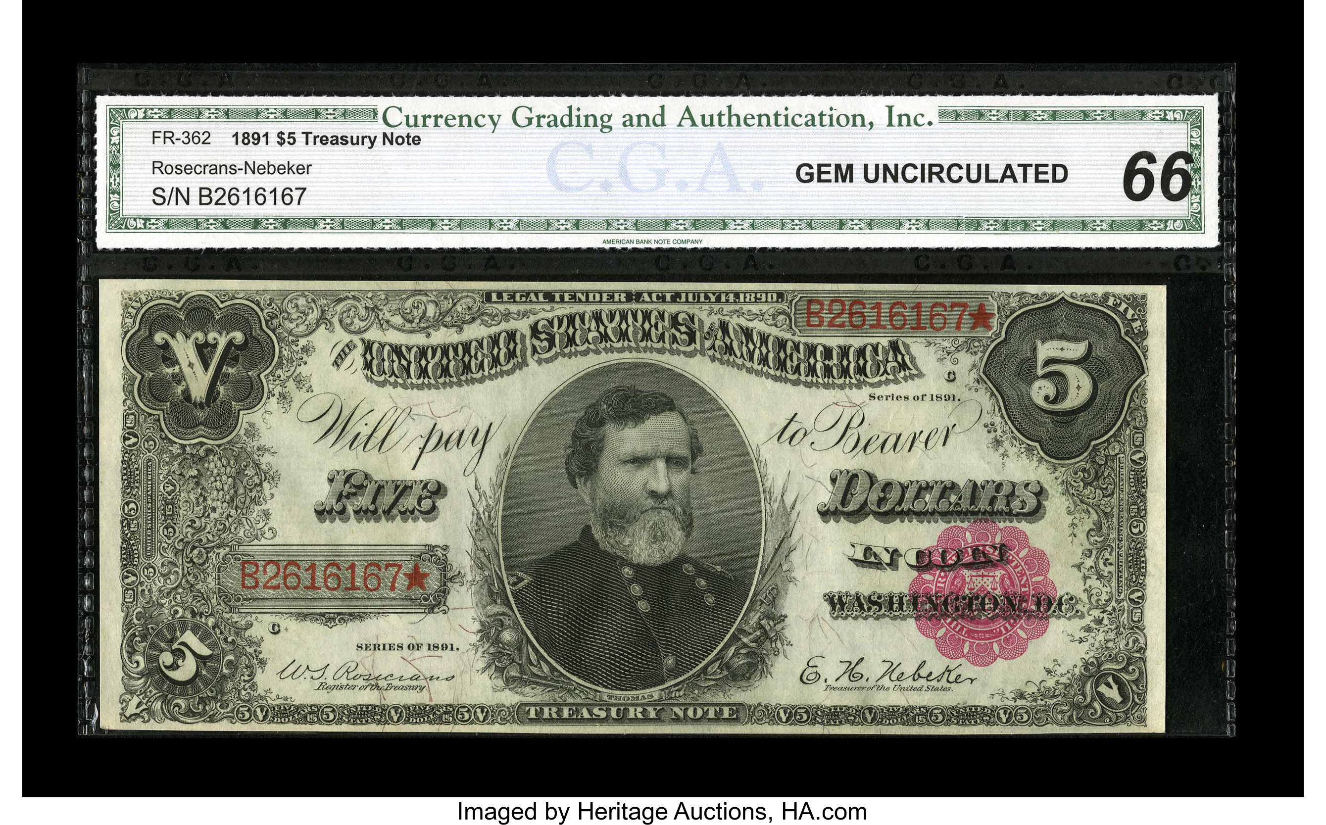 image for: Fr. 362 $5 1891 Treasury Note CGA Gem Uncirculated 66....