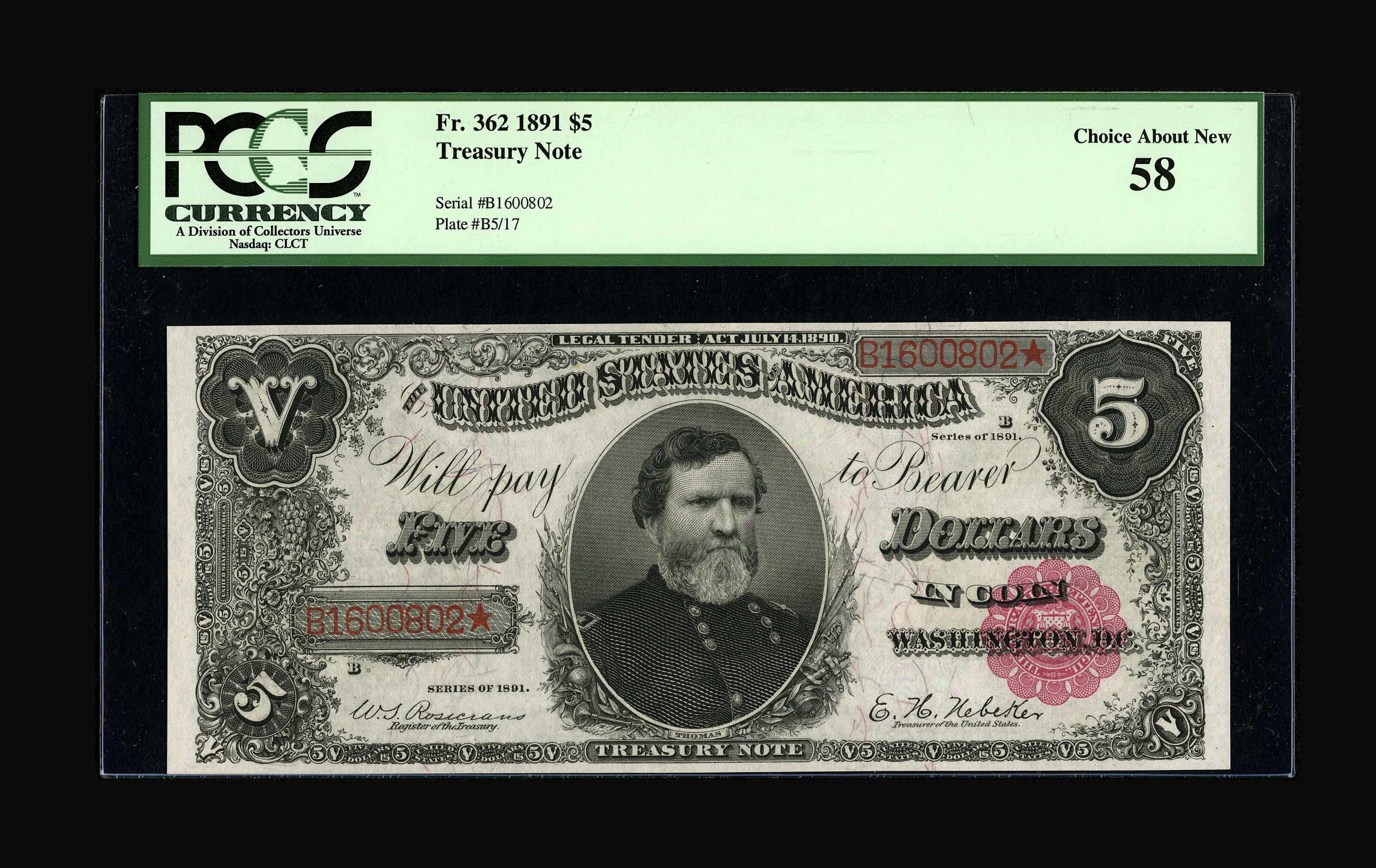 image for: Fr. 362 $5 1891 Treasury Note PCGS Choice About New 58.