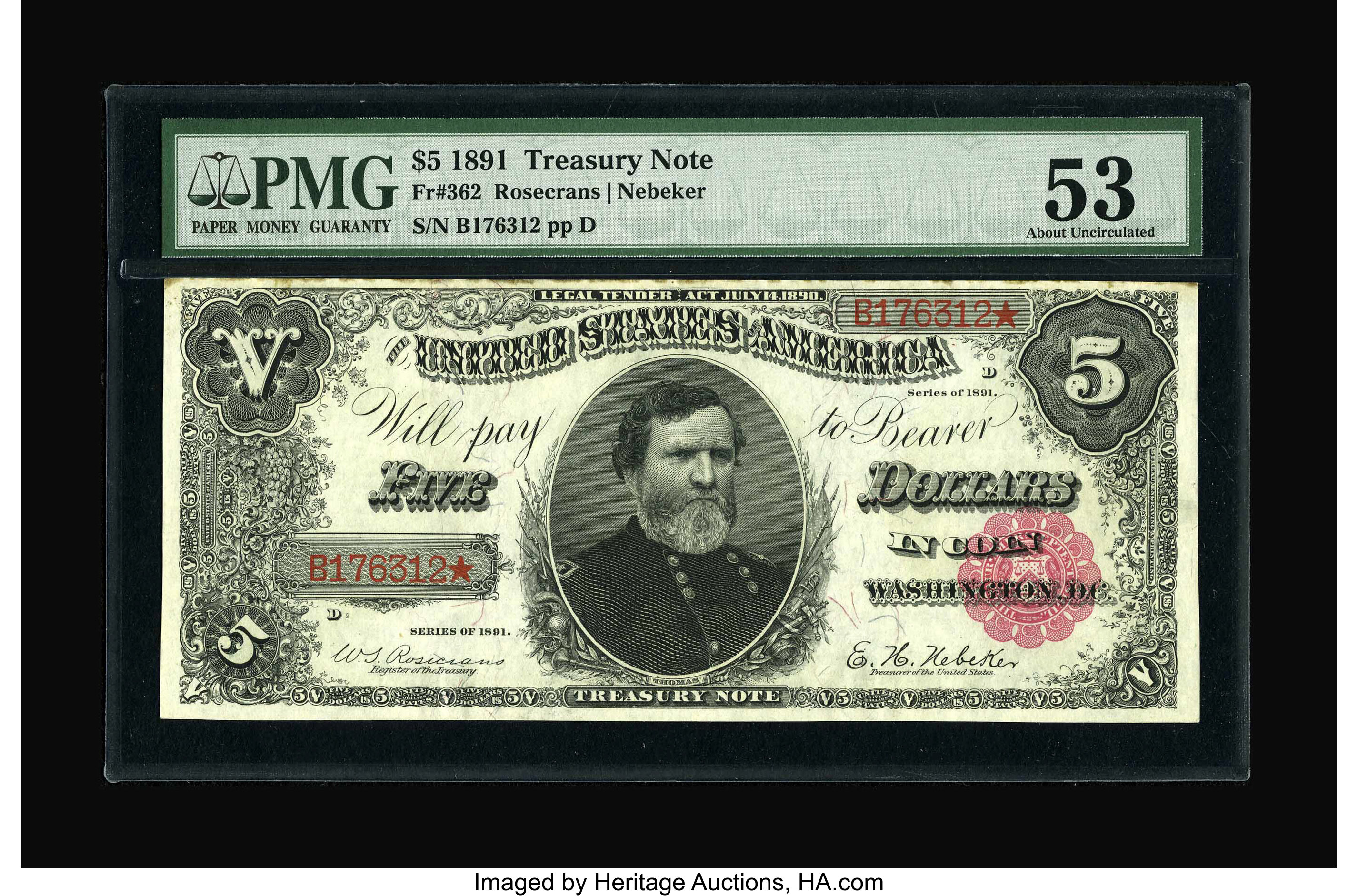 image for: Fr. 362 $5 1891 Treasury Note PMG About Uncirculated 53.