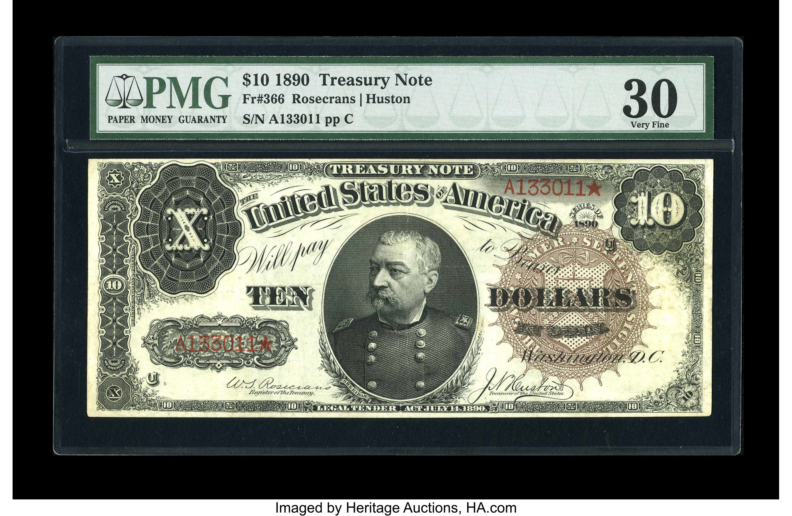 image for: Fr. 366 $10 1890 Treasury Note PMG Very Fine 30....