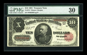 image for: Fr. 370 $10 1891 Treasury Note PMG Very Fine 30....