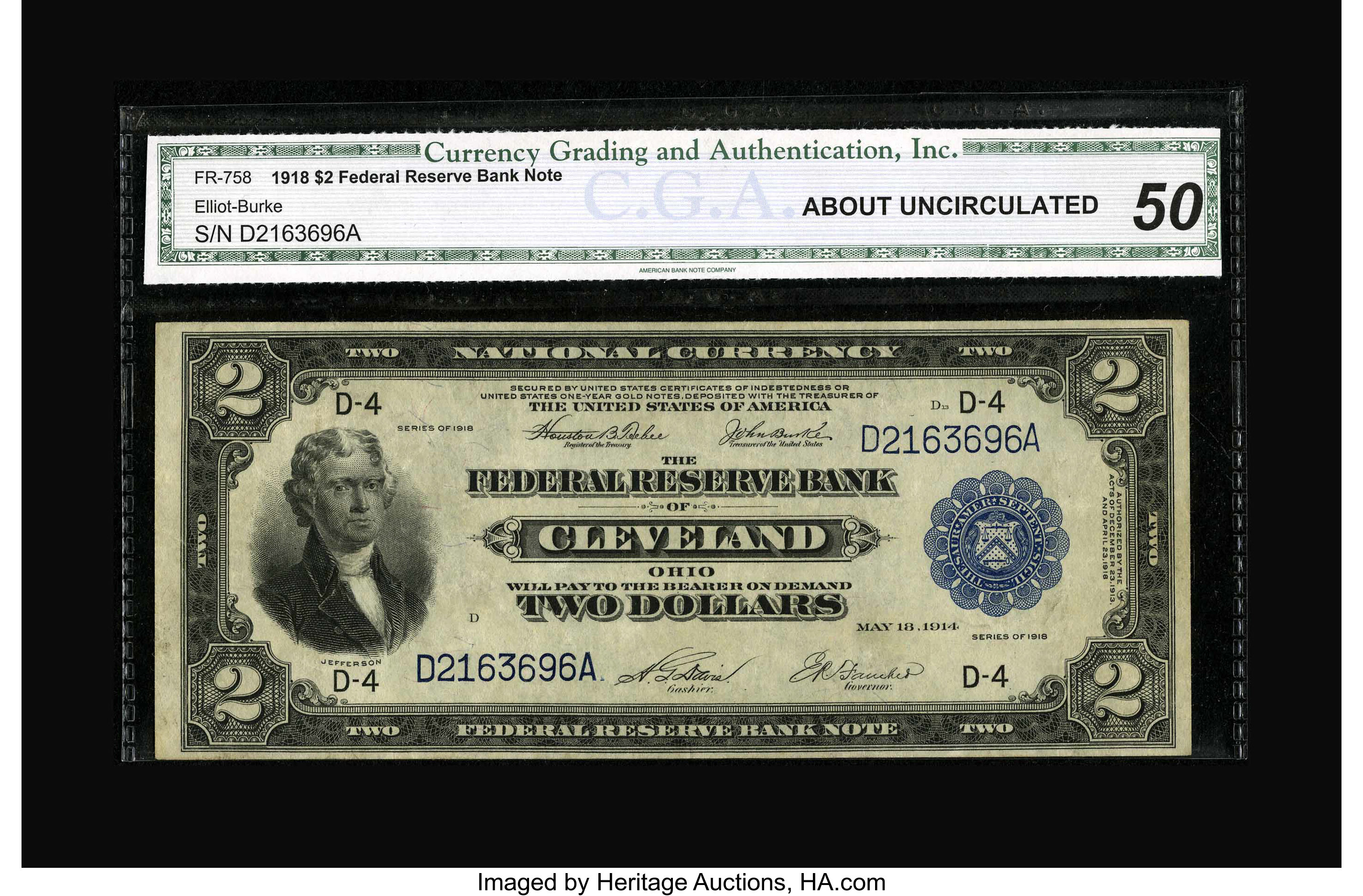 image for: Fr. 758 $2 1918 Federal Reserve Bank Note CGA About Uncirculated 50....