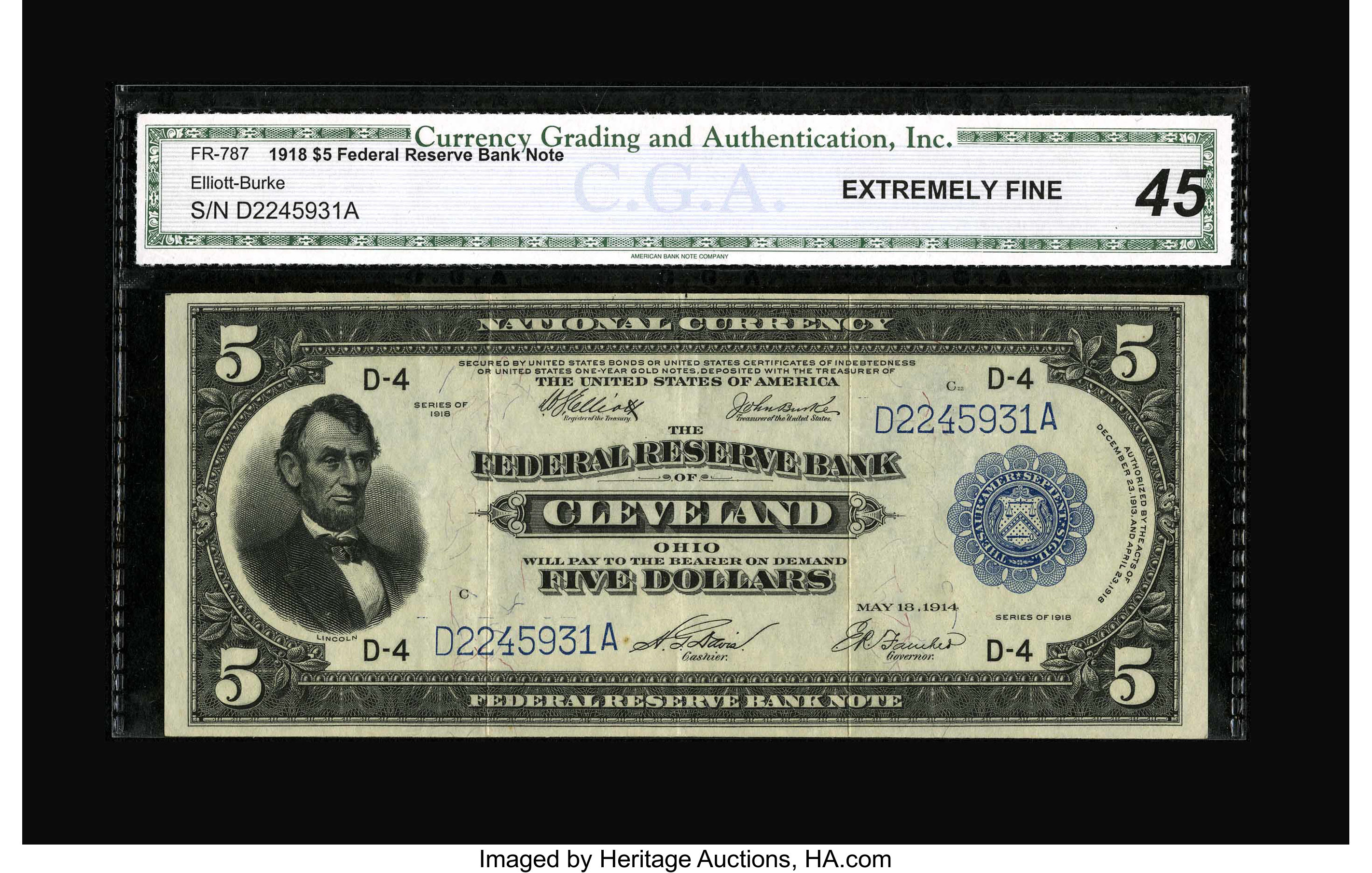 image for: Fr. 787 $5 1918 Federal Reserve Bank Note CGA Extremely Fine 45....