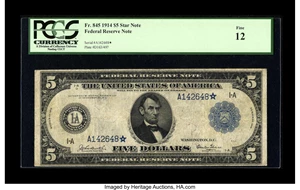 image for: Fr. 845 $5 1914 Federal Reserve Star Note PCGS Fine 12....