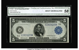 image for: Fr. 862 $5 1914 Federal Reserve Note CGA About Uncirculated 58....