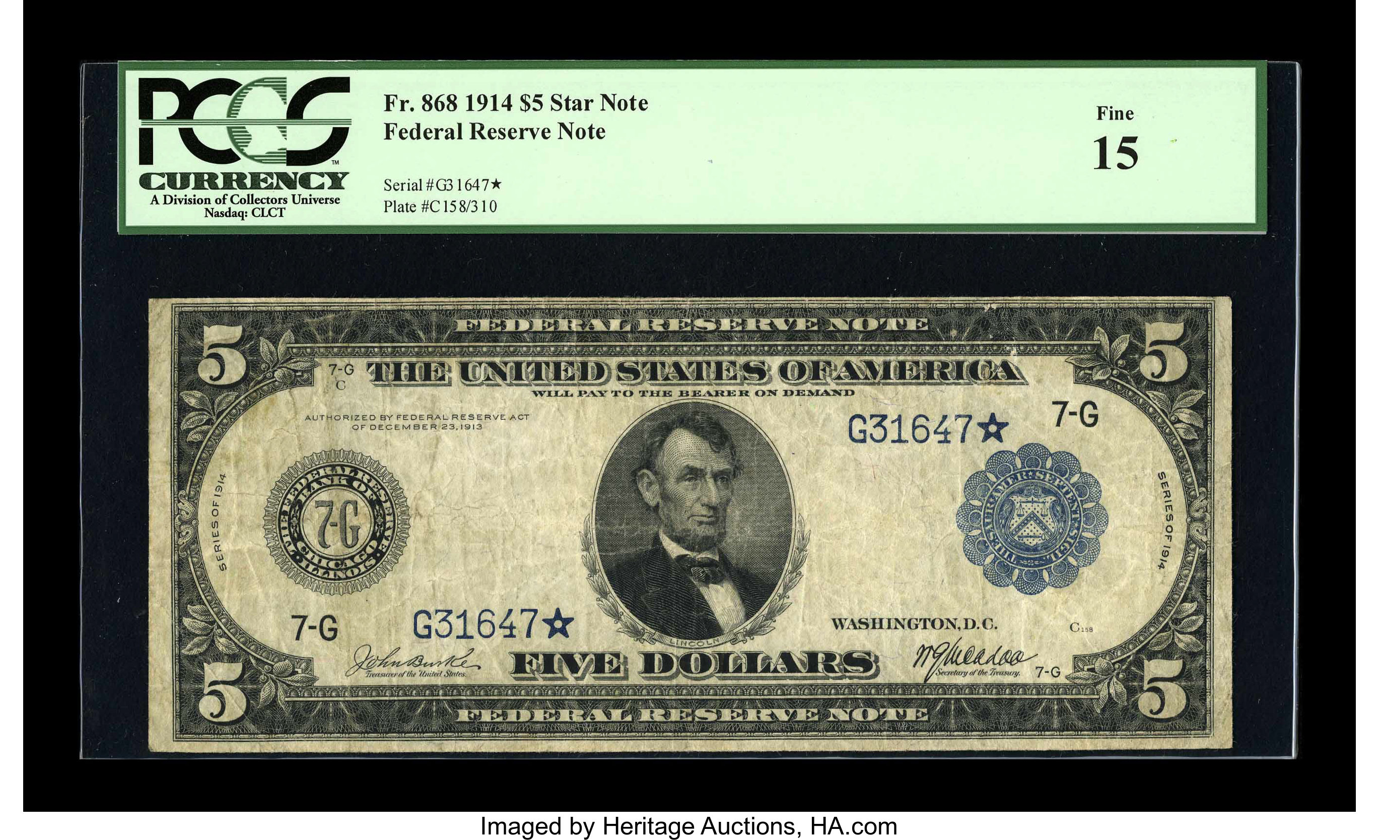 image for: Fr. 868 $5 1914 Federal Reserve Star Note PCGS Fine 15....