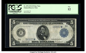 image for: Fr. 878 $5 1914 Federal Reserve Star Note PCGS Fine 12....