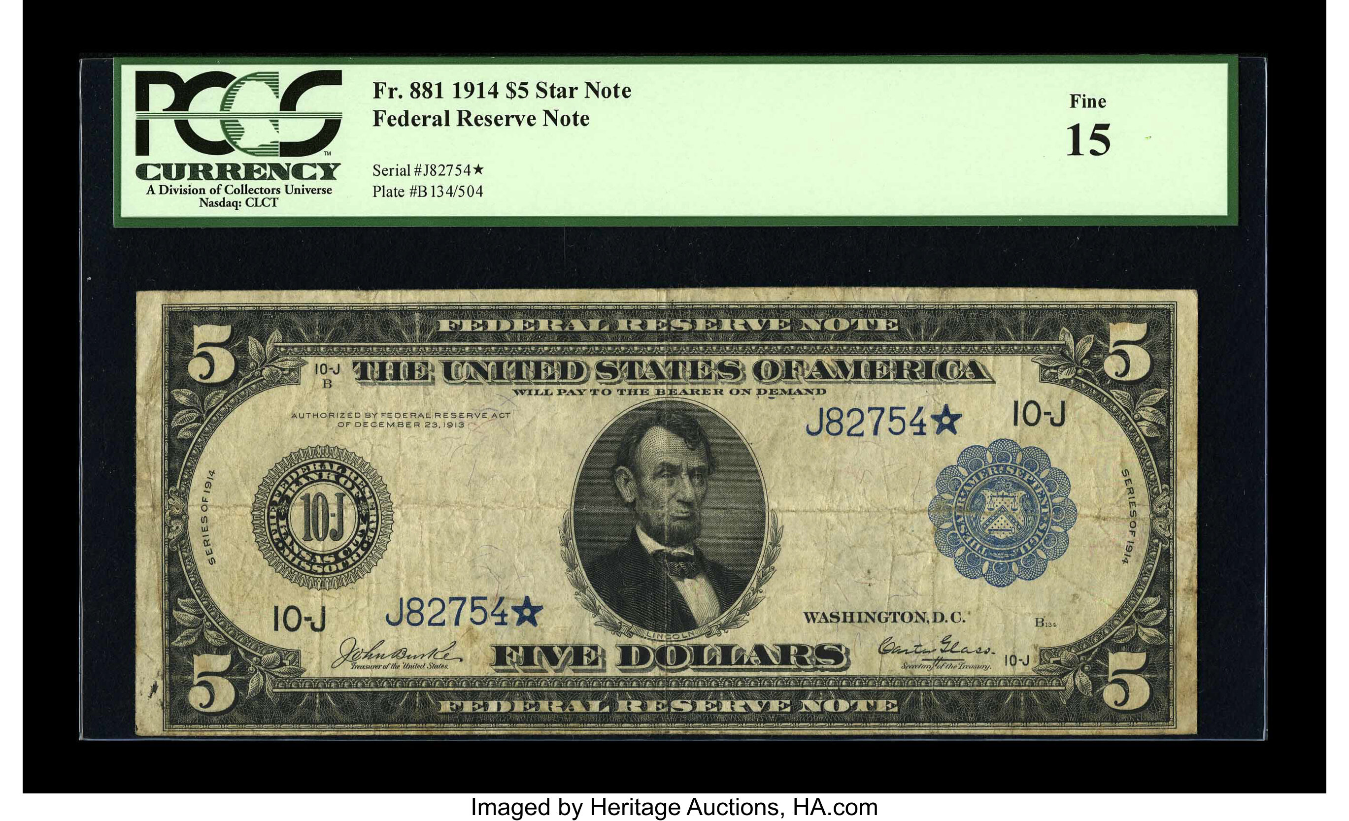 image for: Fr. 881 $5 1914 Federal Reserve Star Note PCGS Fine 15....