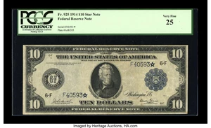 image for: Fr. 925 $10 1914 Federal Reserve Star Note PCGS Very Fine 25....