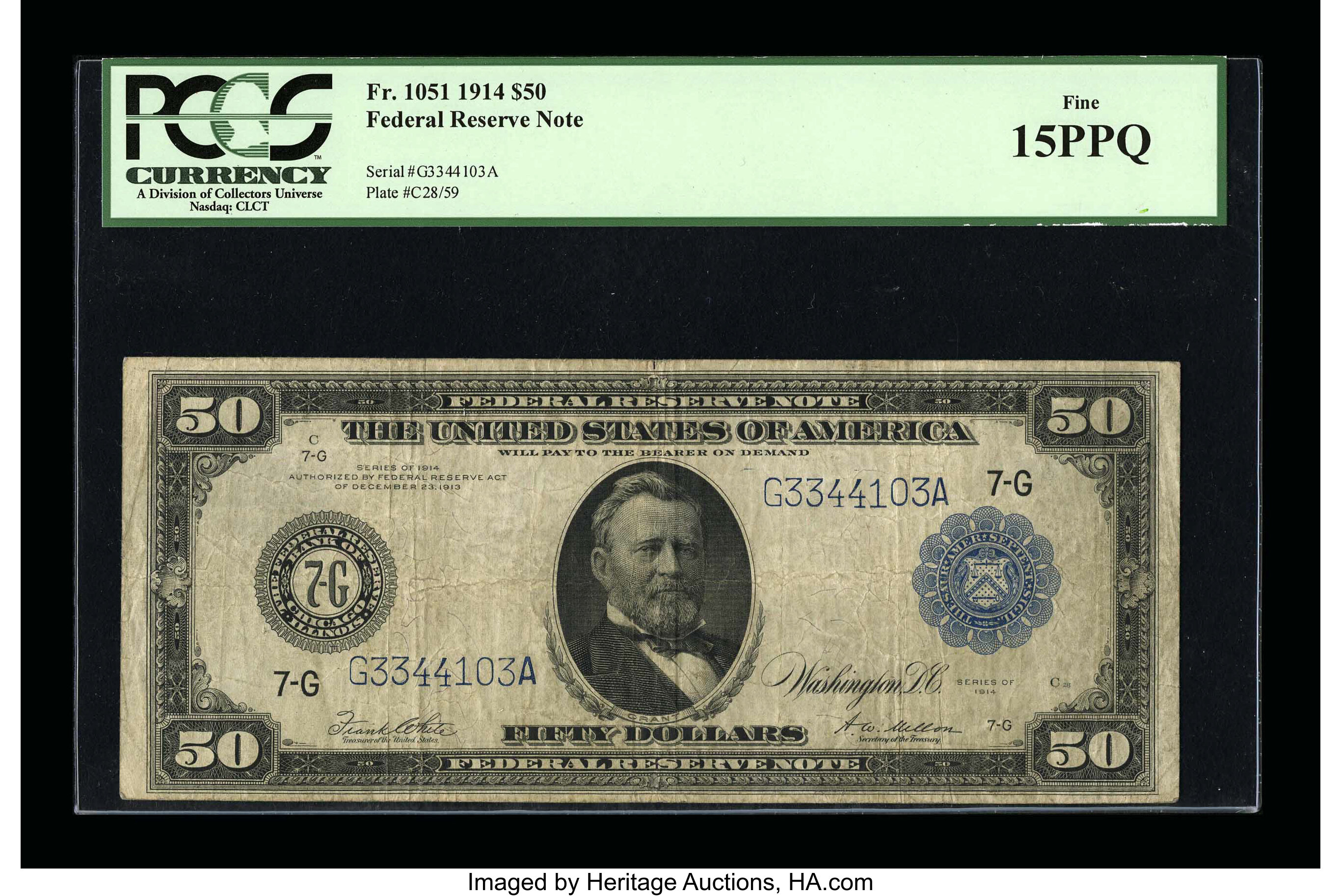 image for: Fr. 1051 $50 1914 Federal Reserve Note PCGS Fine 15PPQ....