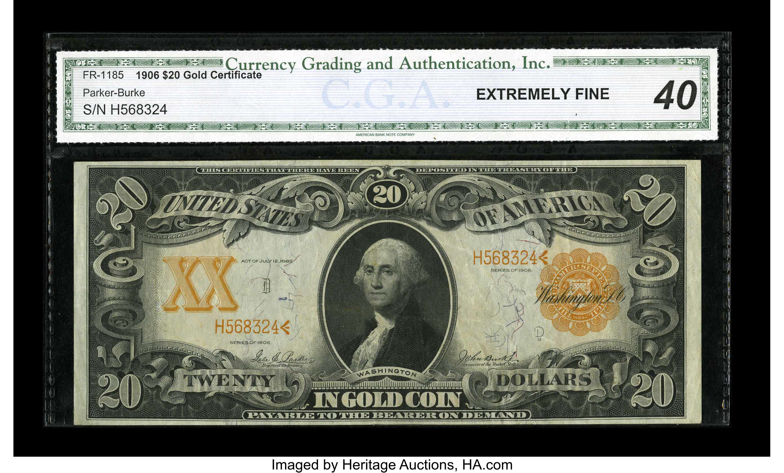 image for: Fr. 1185 $20 1906 Gold Certificate CGA Extremely Fine 40....