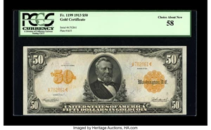 image for: Fr. 1199 $50 1913 Gold Certificate PCGS Choice About New 58....