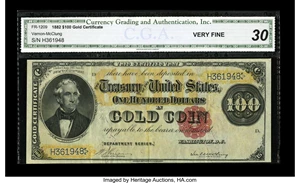 image for: Fr. 1209 $100 1882 Gold Certificate CGA Very Fine 30....