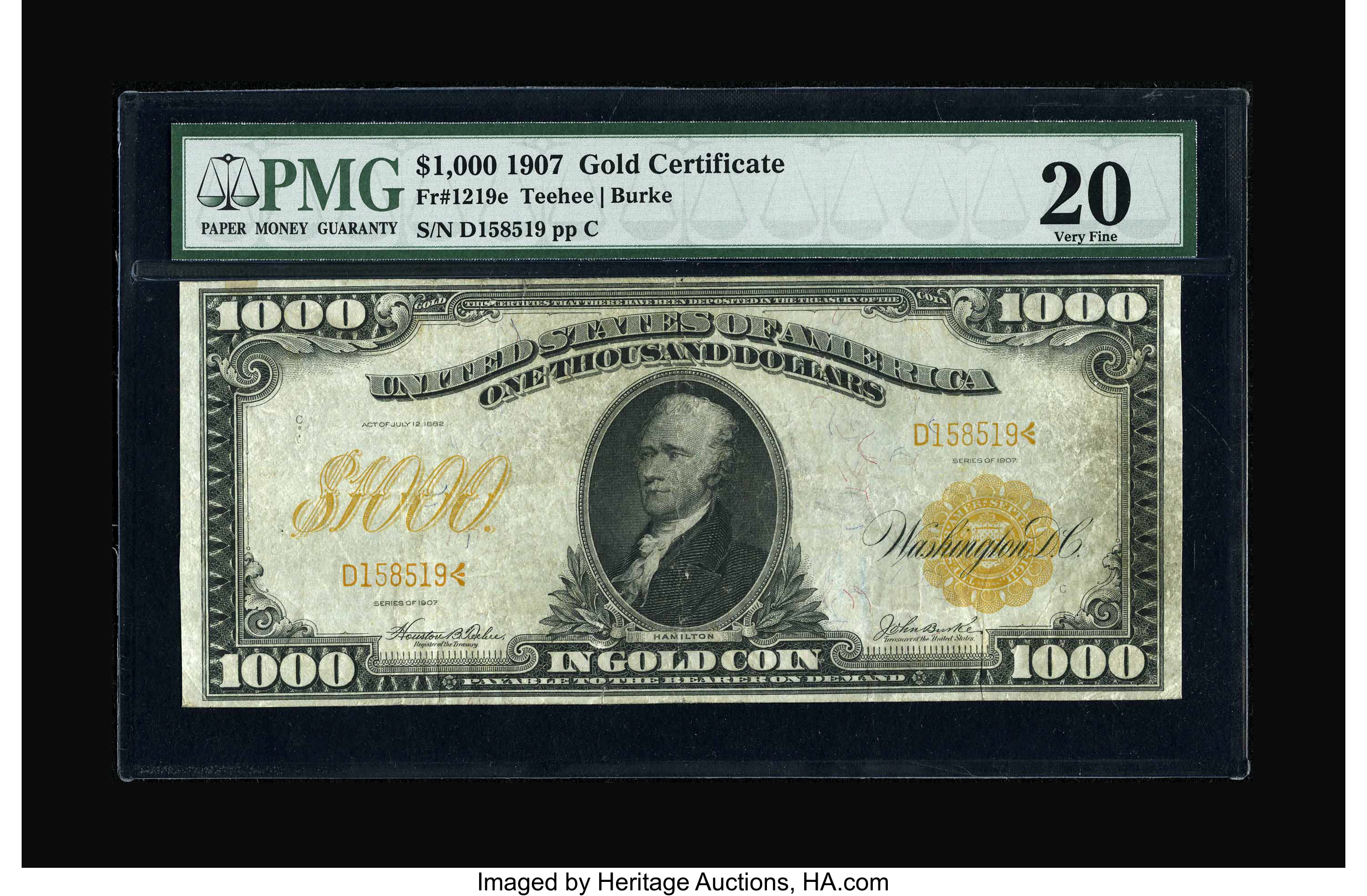 image for: Fr. 1219e $1000 1907 Gold Certificate PMG Very Fine 20....