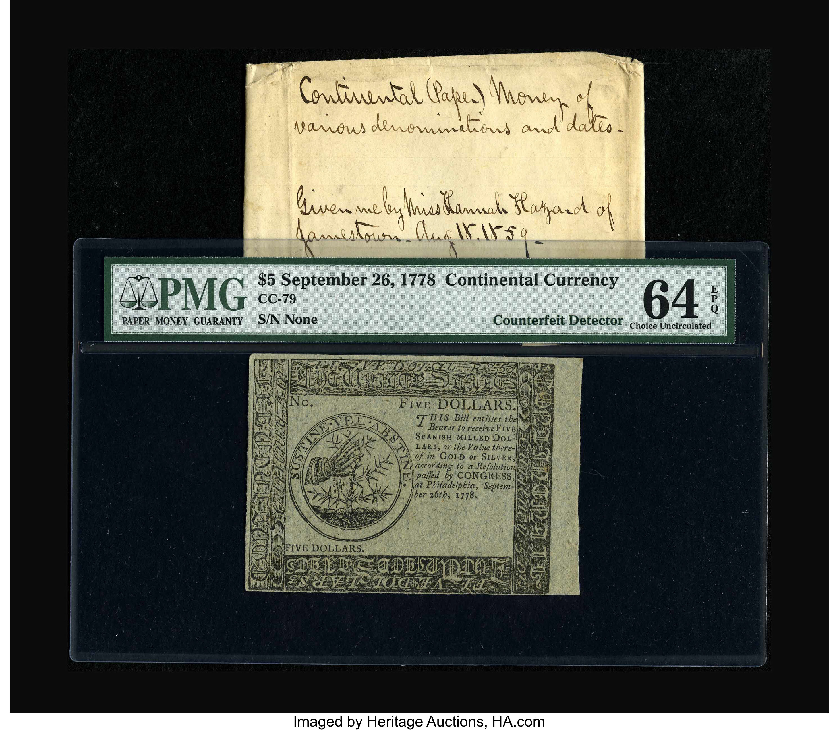 image for: Continental Currency Blue Paper Counterfeit Detector September 26, 1778 $5 PMG Choice Uncirculated 64 EPQ....