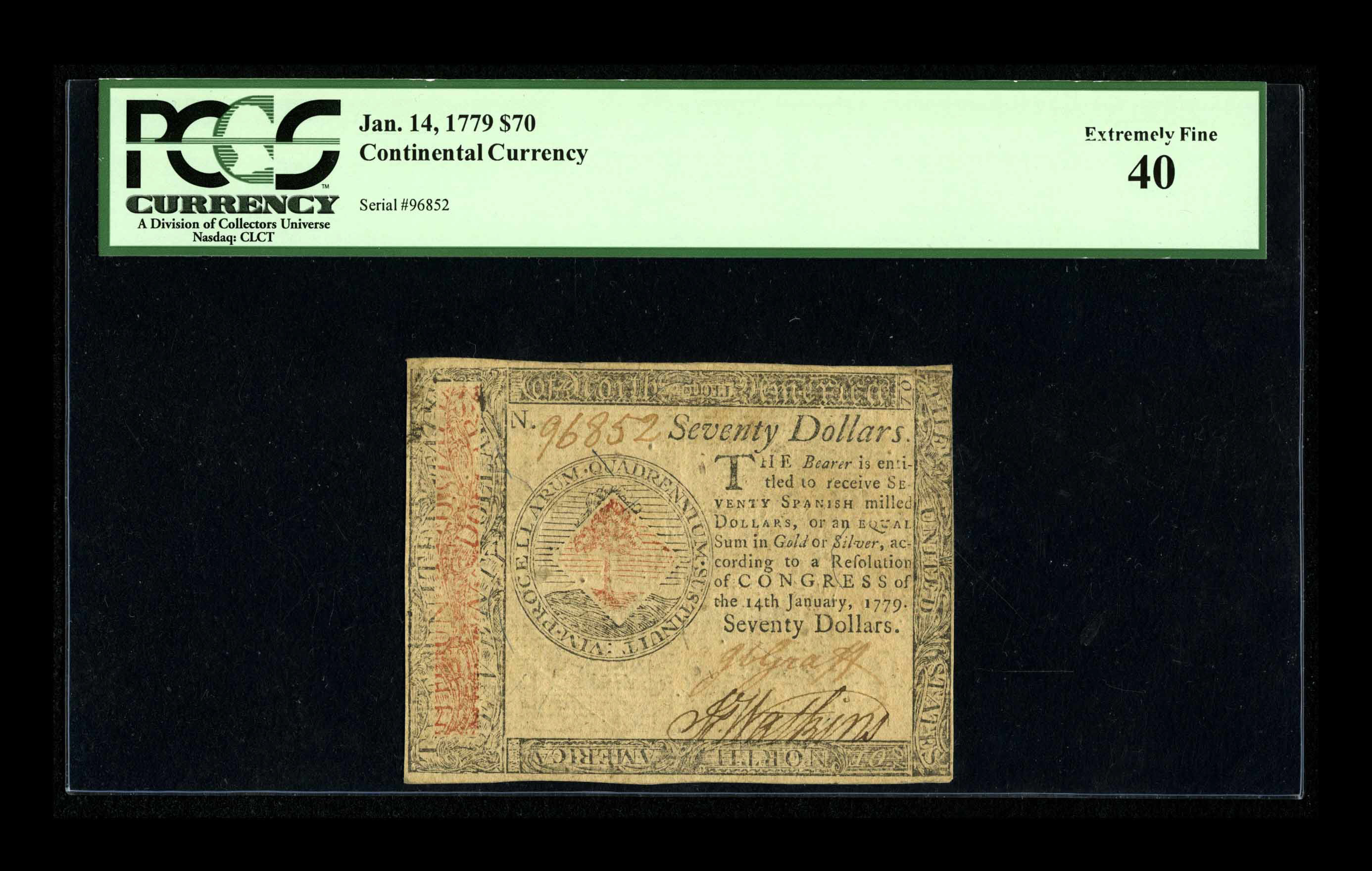 image for: Continental Currency January 14, 1779 $70 PCGS Extremely Fine 40....