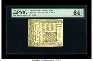 image for: Connecticut June 19, 1776 Uncancelled 9d PMG Choice Uncirculated 64 EPQ.