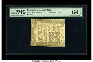 image for: Connecticut June 19, 1776 1s/3d PMG Choice Uncirculated 64 EPQ.