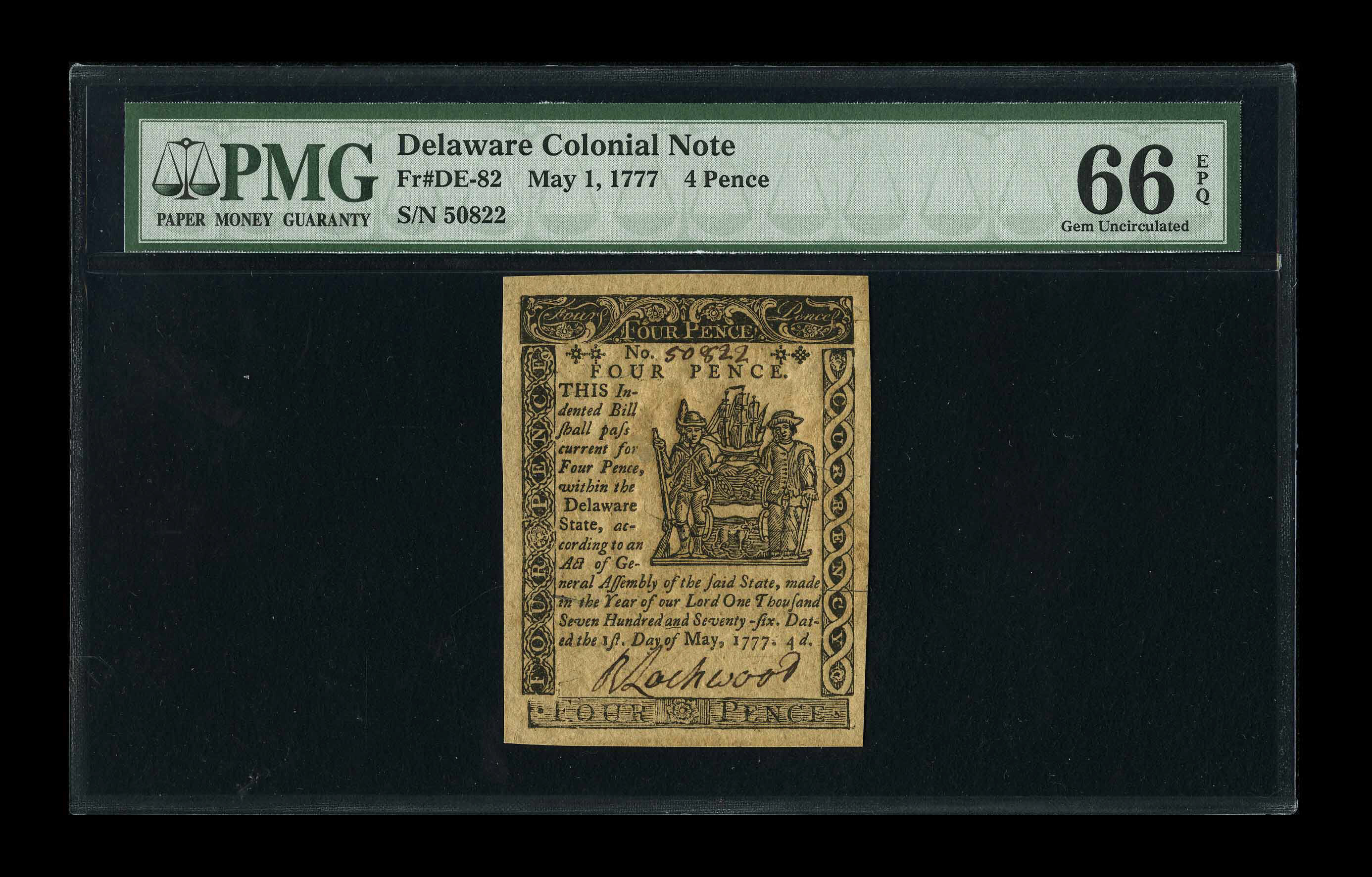 image for: Delaware May 1, 1777 4d PMG Gem Uncirculated 66 EPQ....