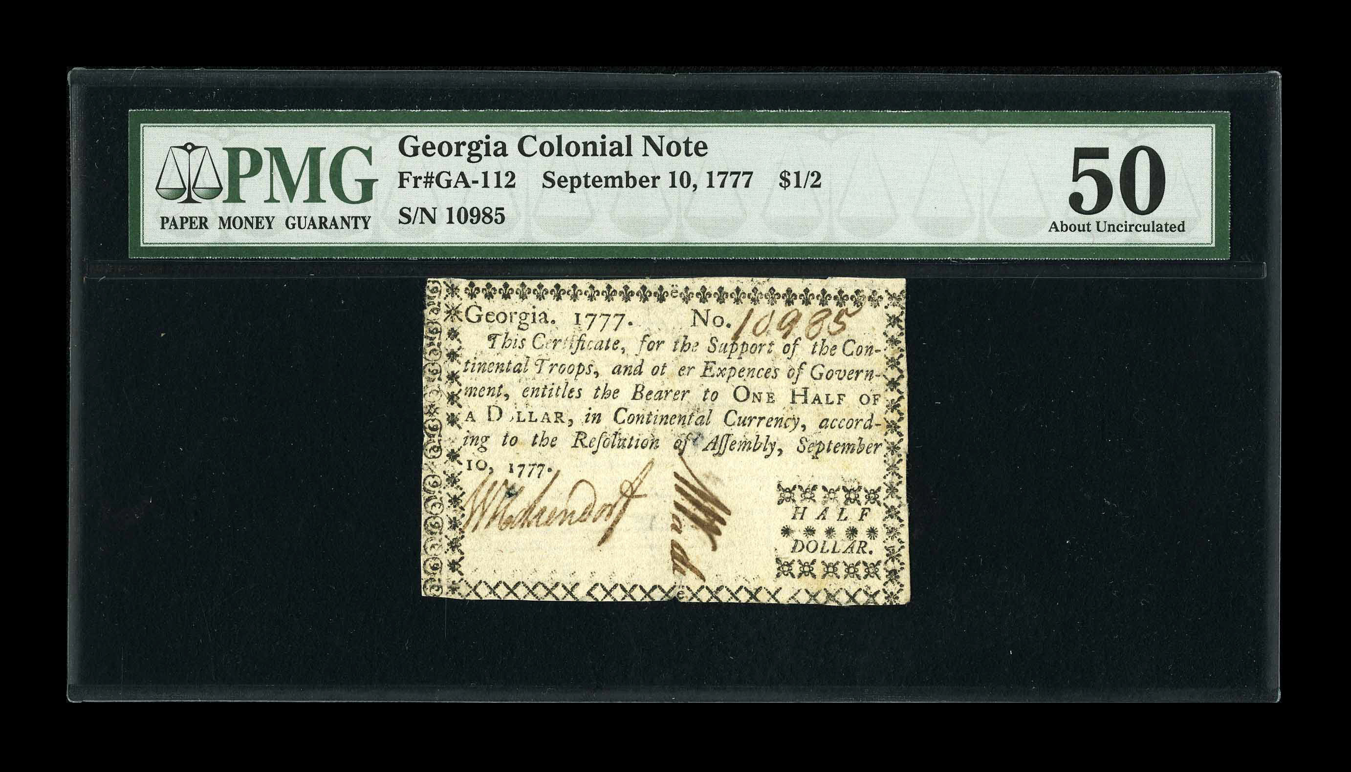 image for: Georgia September 10, 1777 $1/2 PMG About Uncirculated 50....