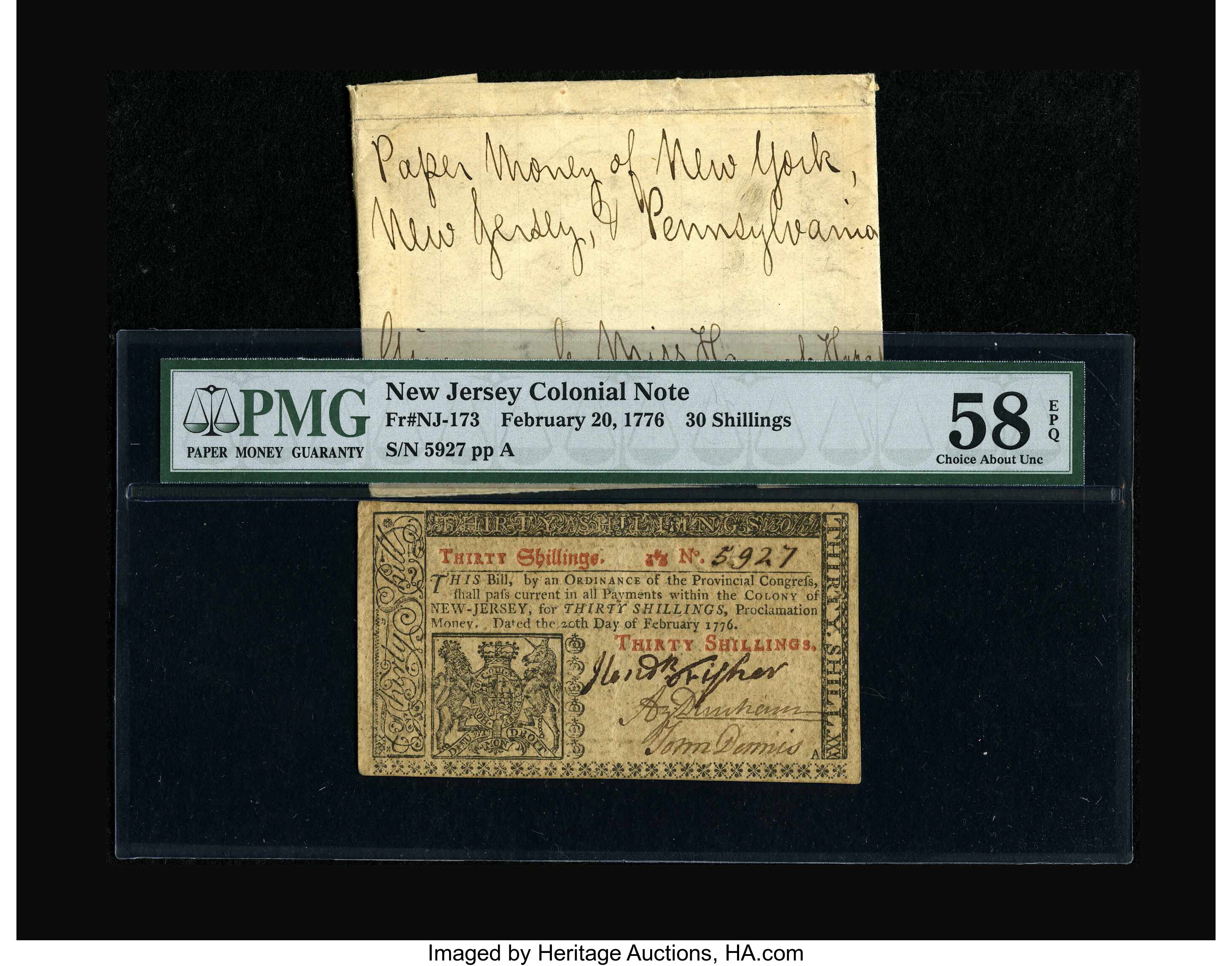 image for: New Jersey February 20, 1776 30s PMG Choice About Unc 58 EPQ.