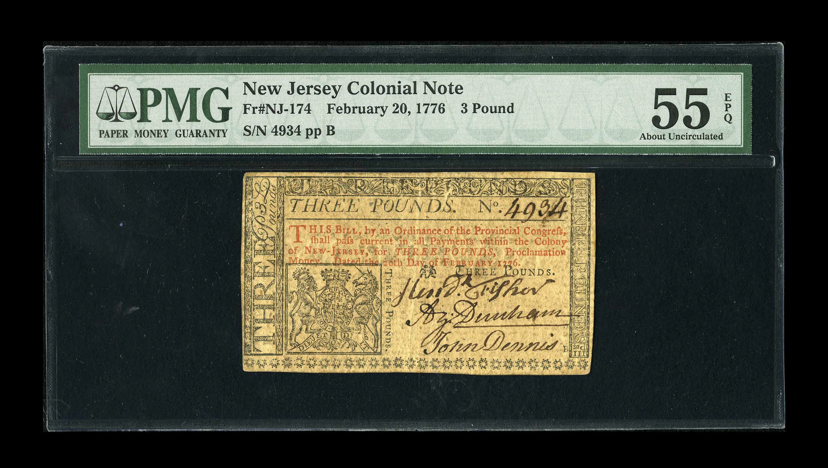 image for: New Jersey February 20, 1776 £3 PMG About Uncirculated 55 EPQ.