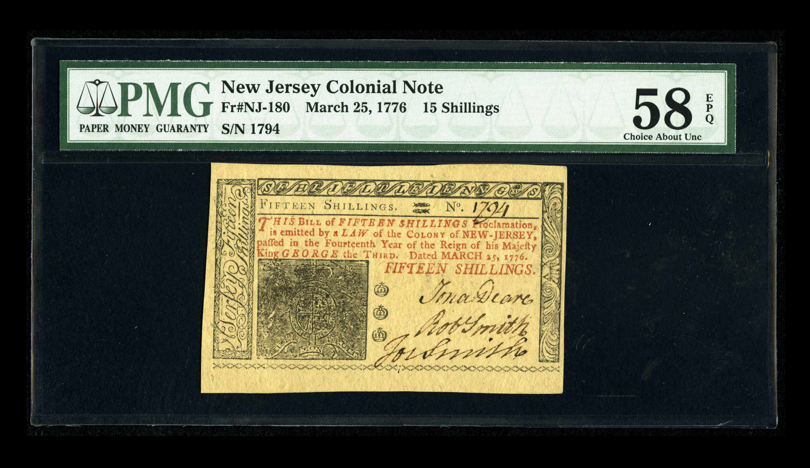 image for: New Jersey March 25, 1776 15s PMG Choice About Unc 58 EPQ.