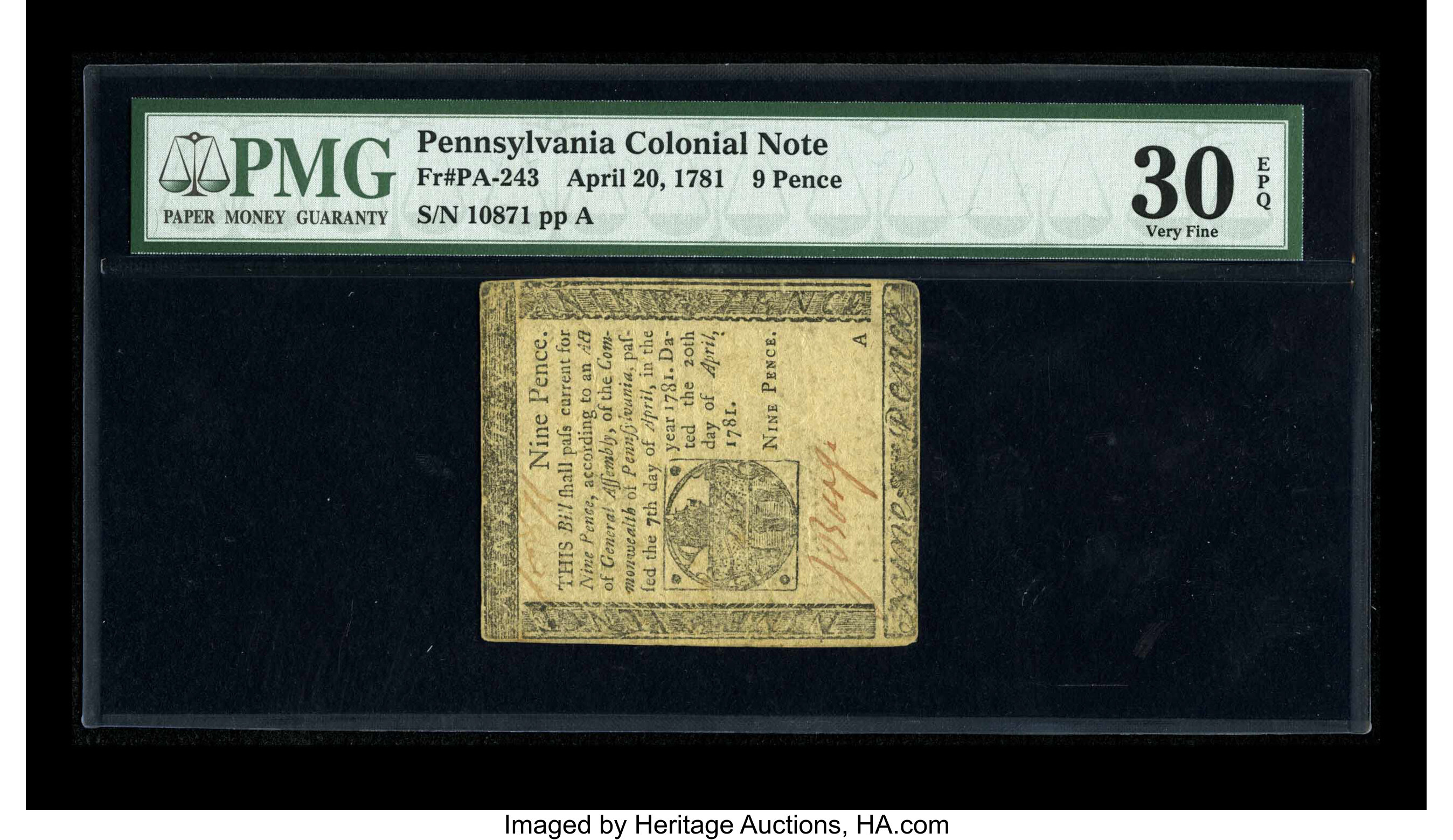image for: Pennsylvania April 20, 1781 9d PMG Very Fine 30 EPQ.